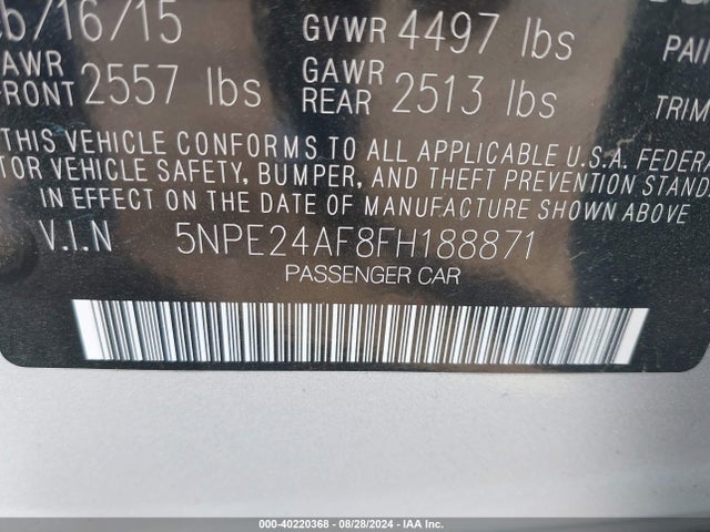 Hyundai SONATA SE 2015 5NPE24AF8FH188871 Image 9