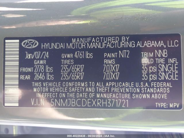 5NMJBCDEXRH371721 Hyundai TUCSON SEL