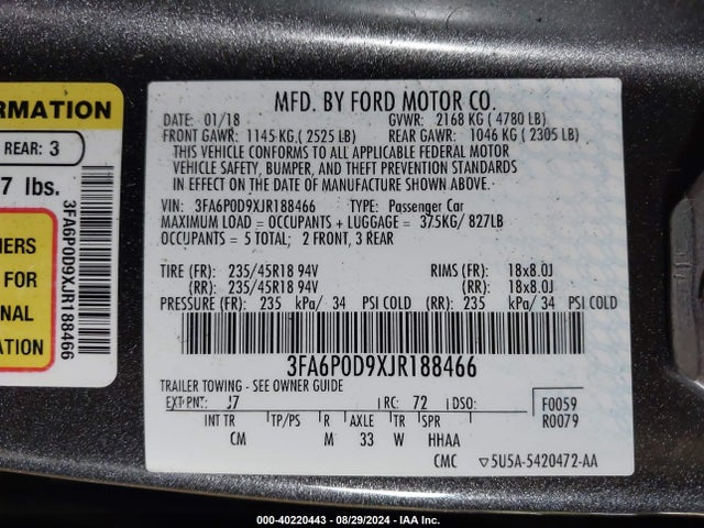 Ford Fusion Titanium 2018 3FA6P0D9XJR188466 Image 9
