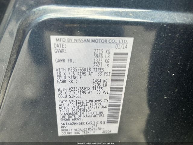 5N1AR2MN6EC661433 Nissan Pathfinder Platinum/s/sl/sv