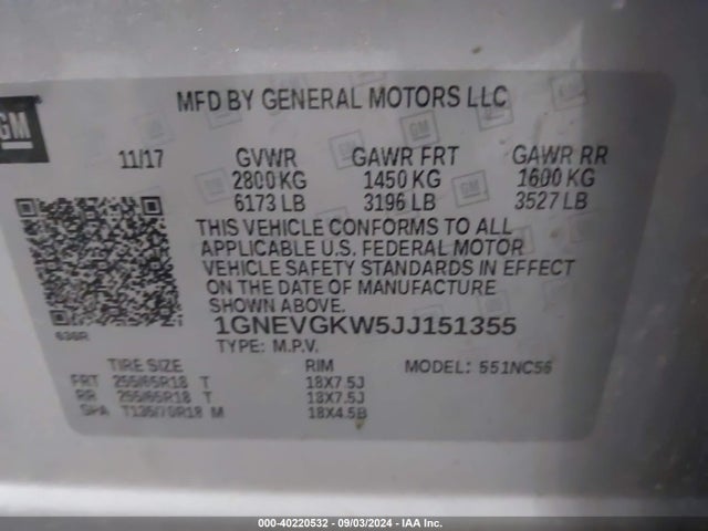 Chevrolet Traverse 1lt 2018 1GNEVGKW5JJ151355 Image 9