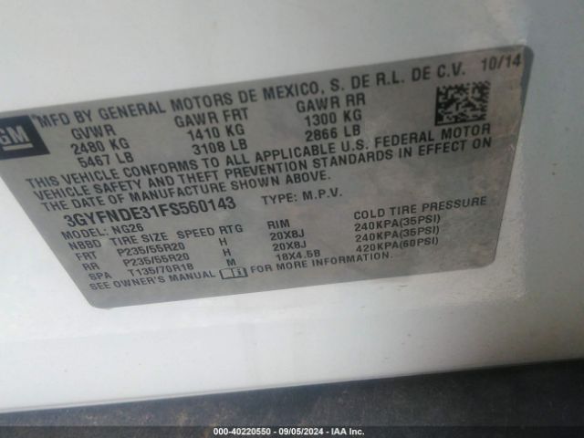 3GYFNDE31FS560143 Cadillac Srx Premium Collection