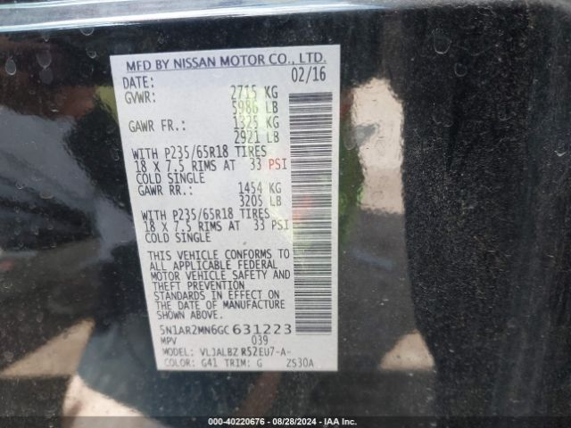 5N1AR2MN6GC631223 Nissan Pathfinder Platinum/s/sl/sv