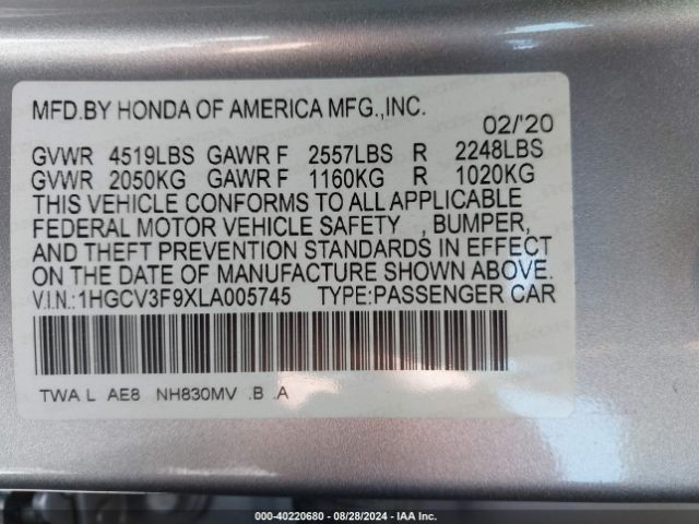 1HGCV3F9XLA005745 Honda Accord Hybrid Touring
