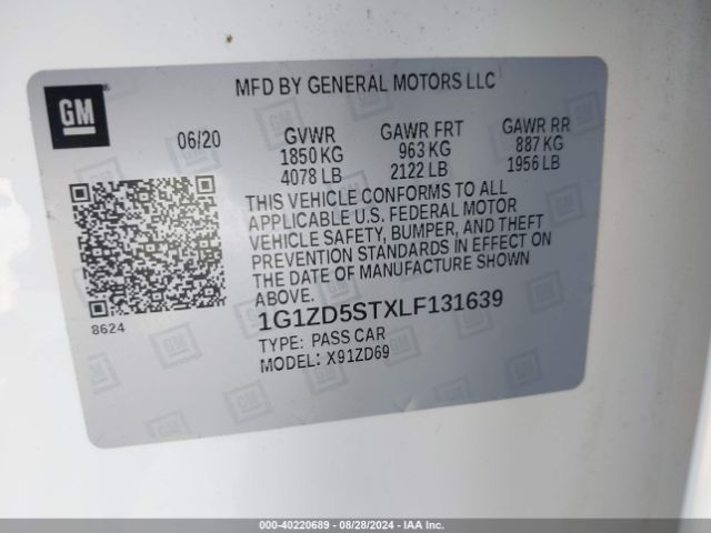 1G1ZD5STXLF131639 Chevrolet Malibu Fwd Lt