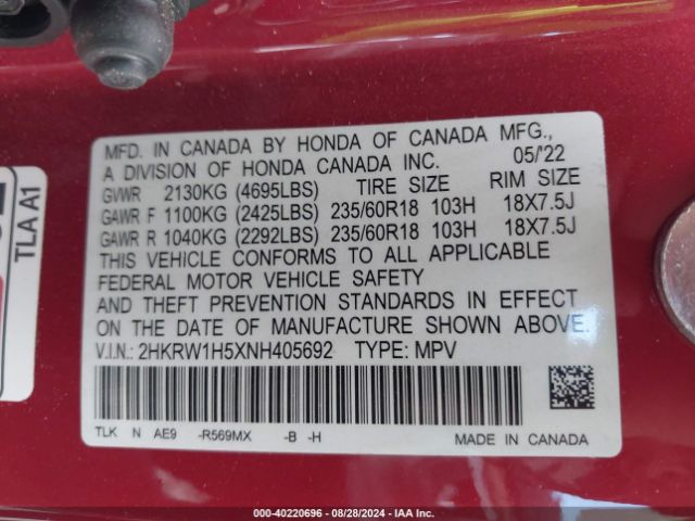 2HKRW1H5XNH405692 Honda Cr-v 2wd Ex