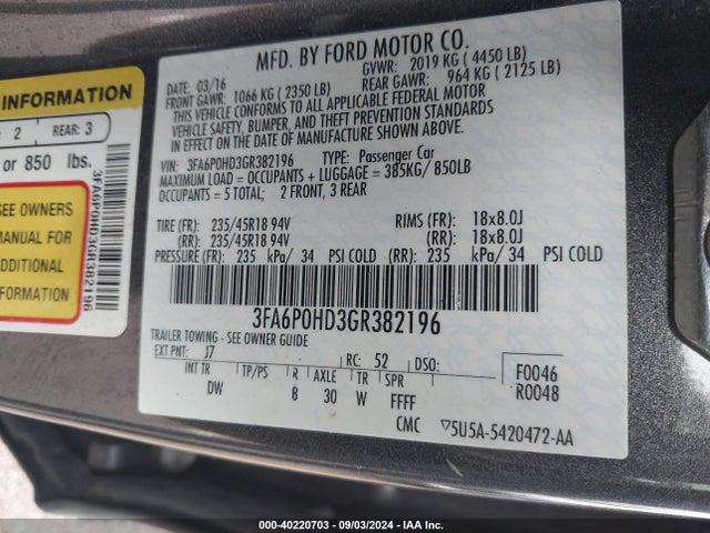 Ford FUSION SE 2016 3FA6P0HD3GR382196 Image 9