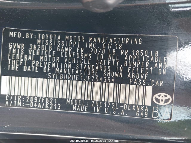 Toyota COROLLA LE 2018 5YFBURHE1JP794354 Image 9