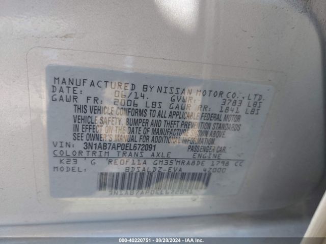 3N1AB7AP0EL672091 Nissan Sentra Fe+ S/fe+ Sv/s/sl/sr/sv