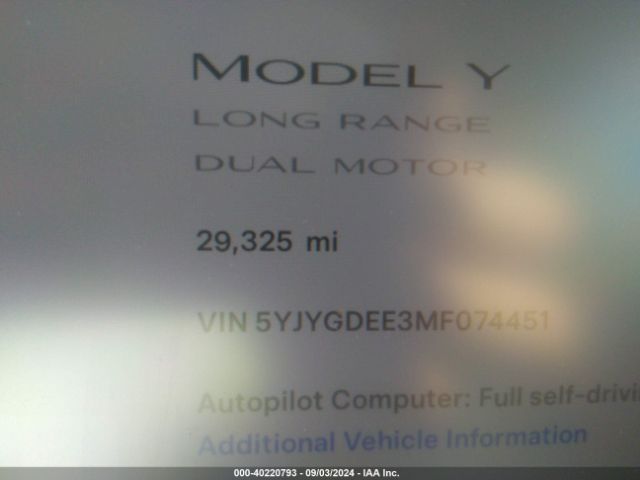 5YJYGDEE3MF074451 Tesla Model Y Long Range Dual Motor All-wheel Drive