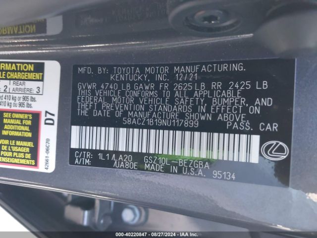 58ACZ1B19NU117899 Lexus ES 350