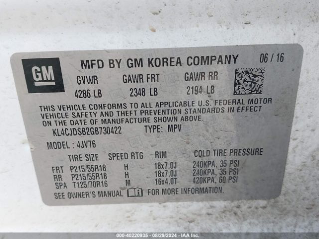 KL4CJDSB2GB730422 Buick Encore Premium