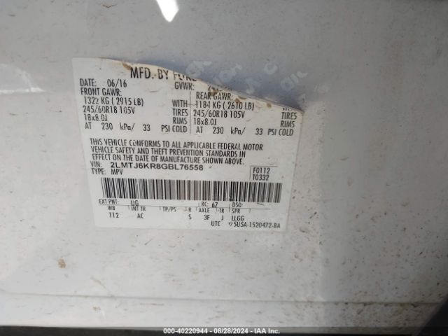 2LMTJ6KR8GBL76558 Lincoln Mkx Select
