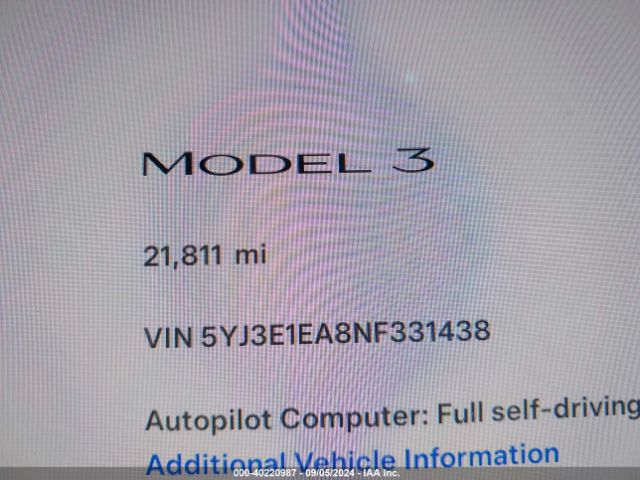 5YJ3E1EA8NF331438 Tesla Model 3 Rear-wheel Drive