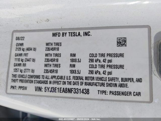 5YJ3E1EA8NF331438 Tesla Model 3 Rear-wheel Drive