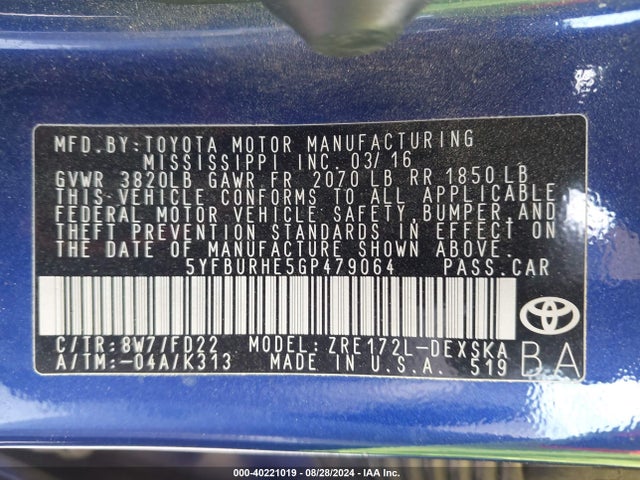 Toyota Corolla S Plus 2016 5YFBURHE5GP479064 Image 9