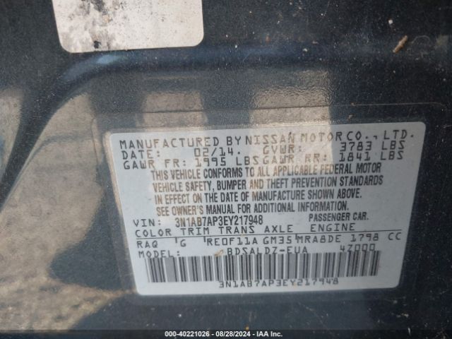 3N1AB7AP3EY217948 Nissan Sentra Fe+ S/fe+ Sv/s/sl/sr/sv