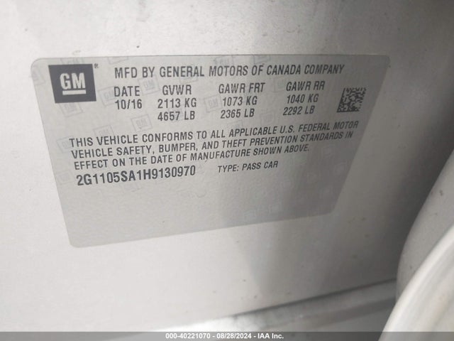 Chevrolet IMPALA 1LT 2017 2G1105SA1H9130970 Image 9