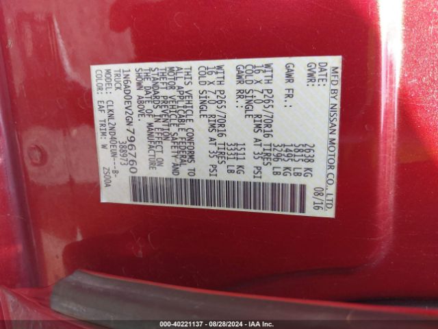 Nissan Frontier Pro-4x/s/sl/sv 2016 1N6AD0EV2GN796760 Image 9