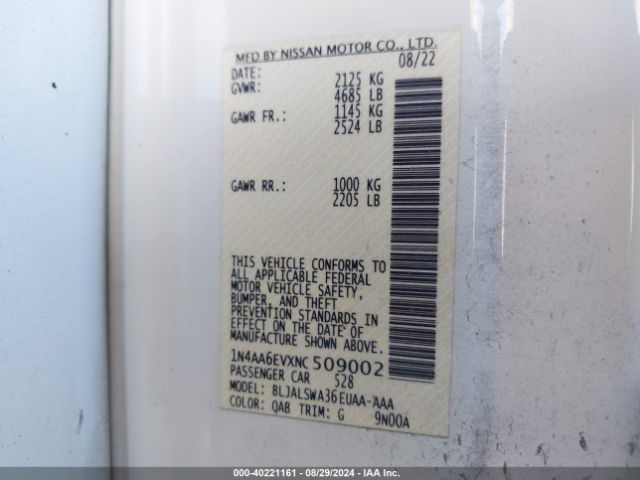 1N4AA6EVXNC509002 Nissan Maxima Sr Xtronic Cvt