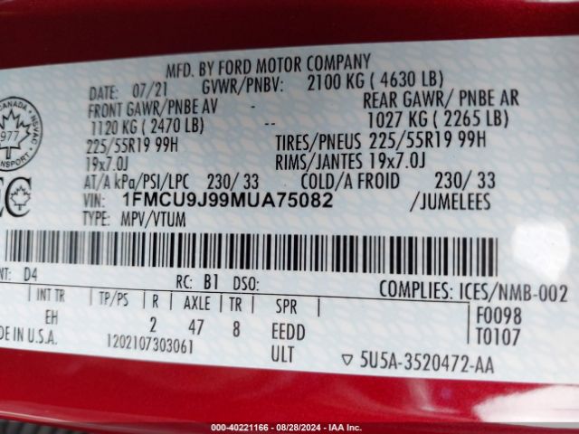 2021 FORD ESCAPE 1FMCU9J99MUA75082 Photo 8
