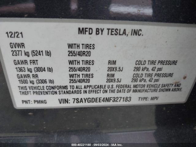 7SAYGDEE4NF327183 Tesla Model Y Long Range Dual Motor All-wheel Drive