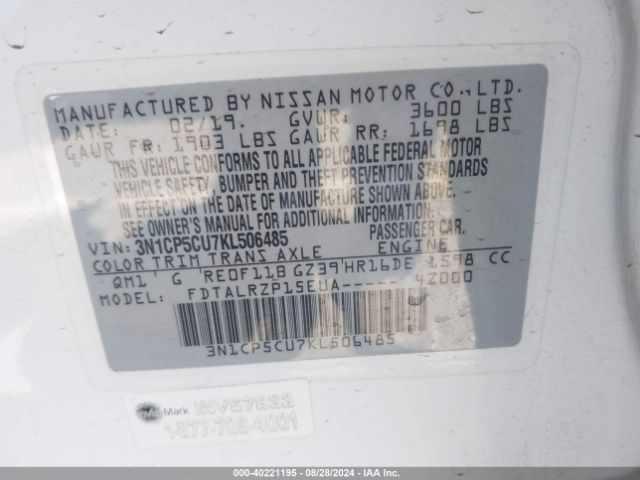 3N1CP5CU7KL506485 Nissan KICKS S
