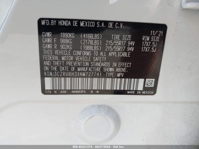 3CZRU6H3XNM727741 Honda Hr-v Awd Lx