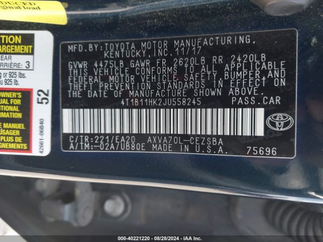 4T1B11HK2JU558245 Toyota CAMRY SE