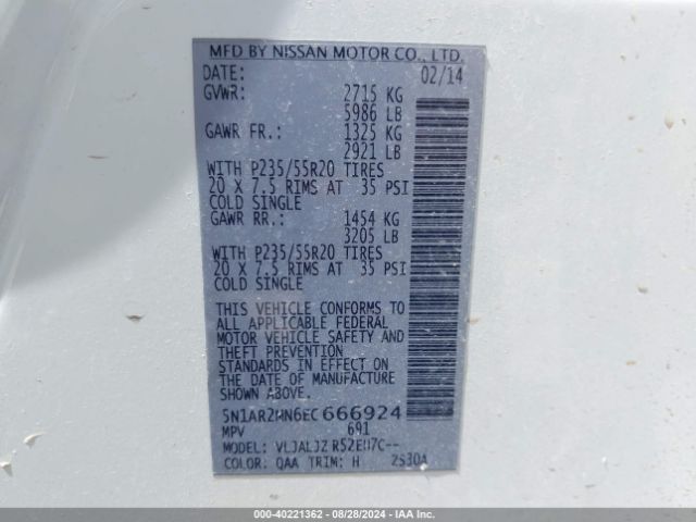 5N1AR2MN6EC666924 Nissan Pathfinder Platinum