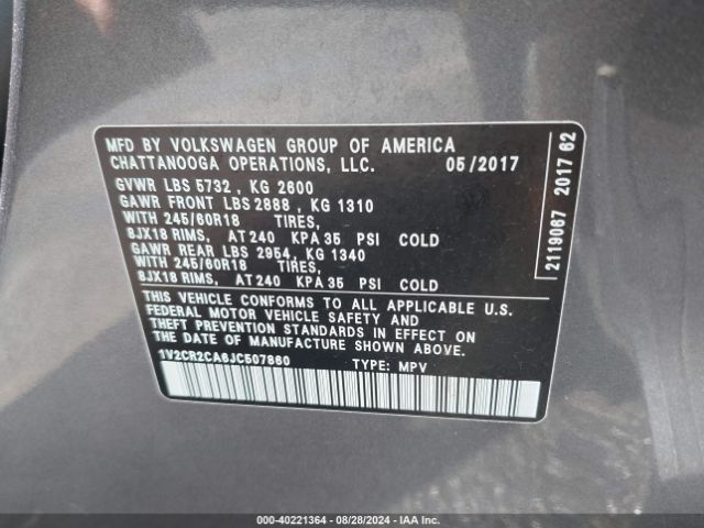 1V2CR2CA6JC507860 Volkswagen Atlas 3.6l V6 Se