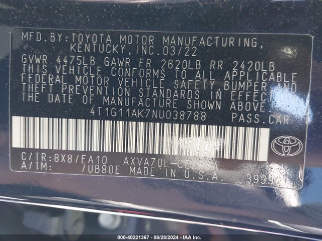 Toyota CAMRY SE 2022 4T1G11AK7NU038788 Image 9