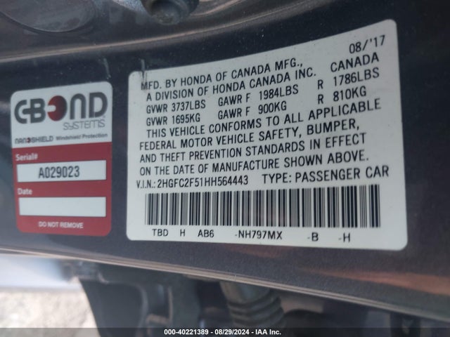 Honda Civic Lx 2017 2HGFC2F51HH564443 Image 9