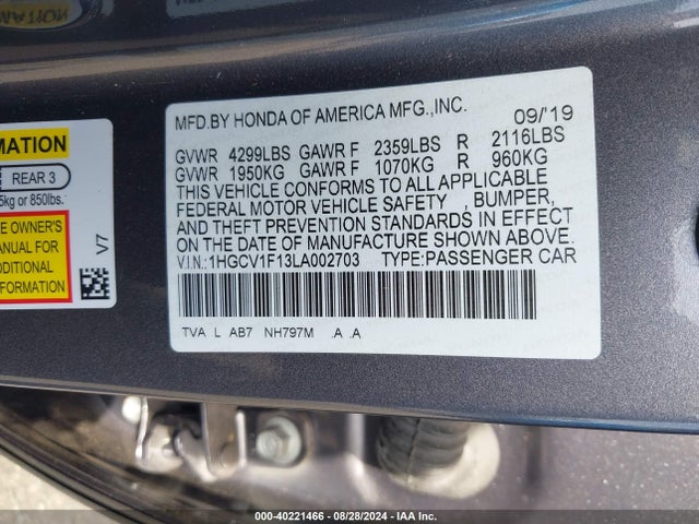 Honda ACCORD LX 2020 1HGCV1F13LA002703 Image 9
