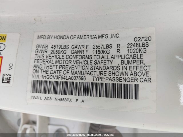 1HGCV3F54LA007696 Honda Accord Hybrid Ex-l