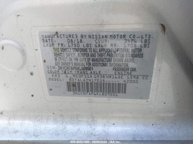 Nissan Versa 1.6 S+ 2019 3N1CN7AP6KL809501 Image 9