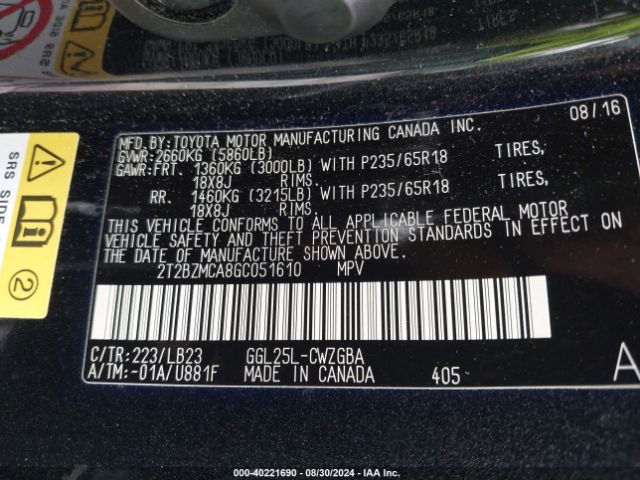 2T2BZMCA8GC051610 Lexus RX 350