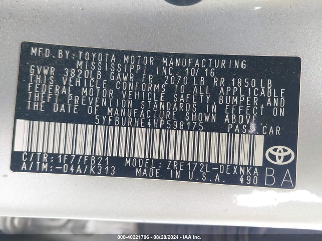 Toyota COROLLA LE 2017 5YFBURHE4HP598175 Image 9
