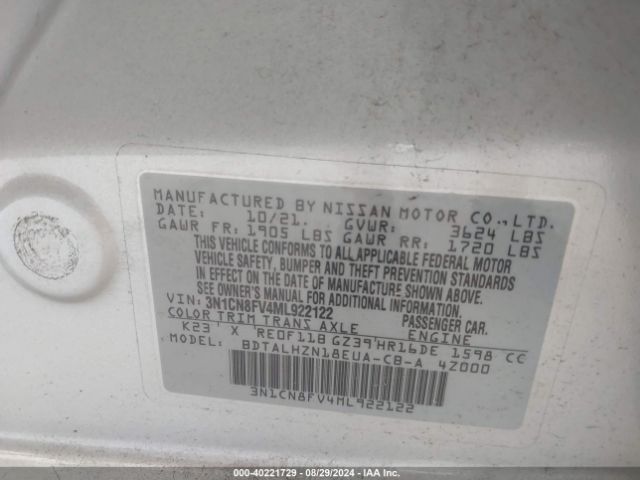 3N1CN8FV4ML922122 Nissan Versa Sr Xtronic Cvt