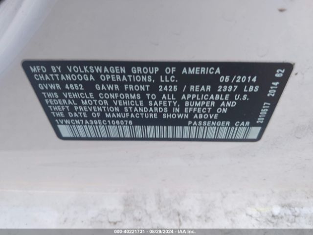 1VWCN7A39EC106076 Volkswagen Passat 2.0l Tdi Sel Premium
