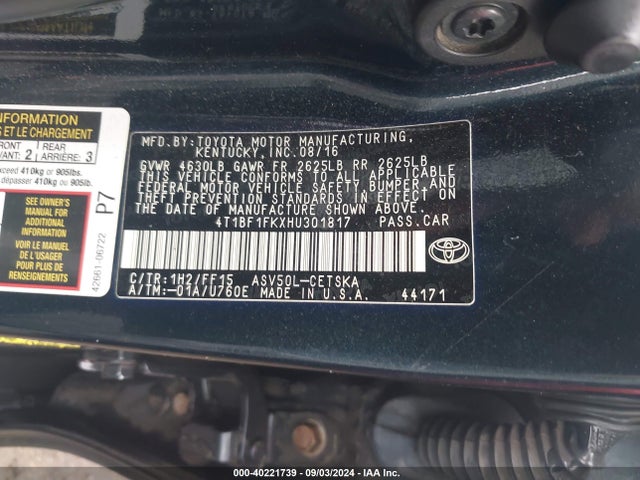 Toyota CAMRY SE 2017 4T1BF1FKXHU301817 Image 9