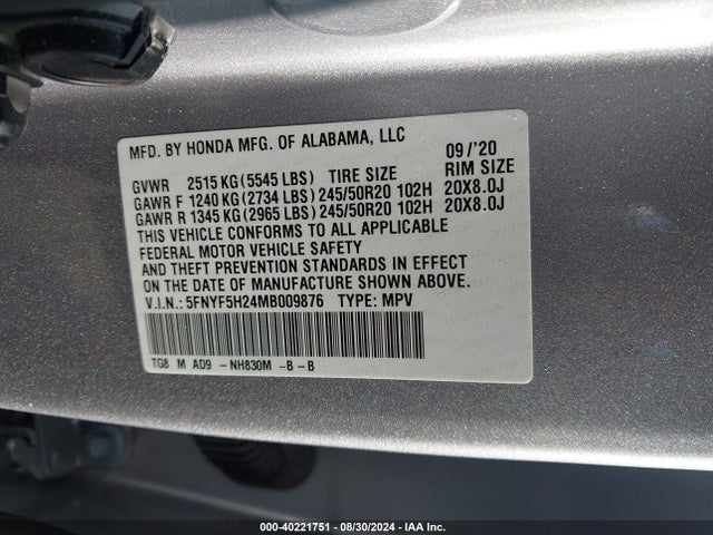 Honda Pilot 2wd Special Edition 2021 5FNYF5H24MB009876 Image 9