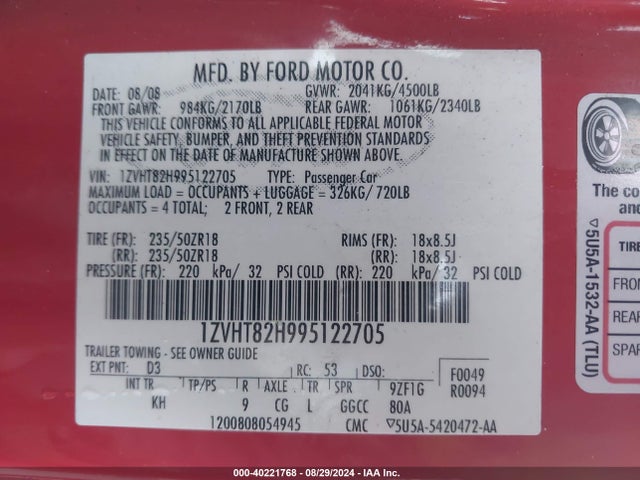 Продаж на аукціоні авто 2009 Ford Mustang Gt/gt Premium, vin: 1ZVHT82H995122705, номер лоту: 40221768