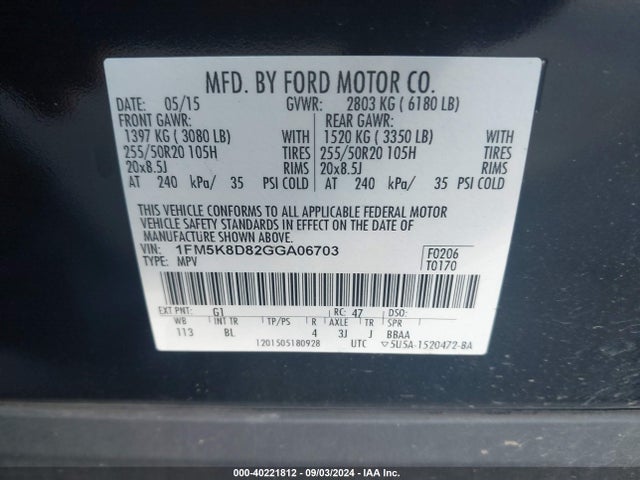 Ford EXPLORER XLT 2016 1FM5K8D82GGA06703 Image 9