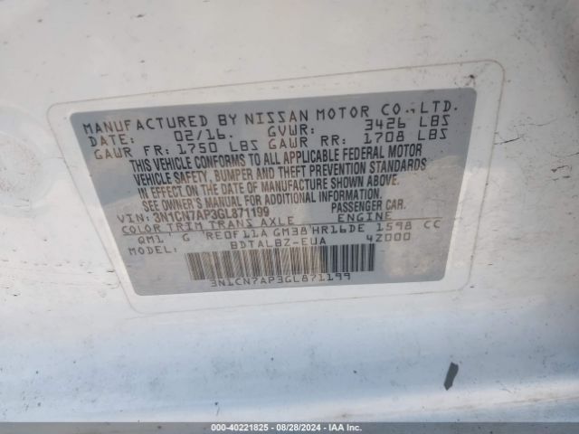 3N1CN7AP3GL871199 Nissan Versa 1.6 S/1.6 S+/1.6 Sl/1.6 Sv