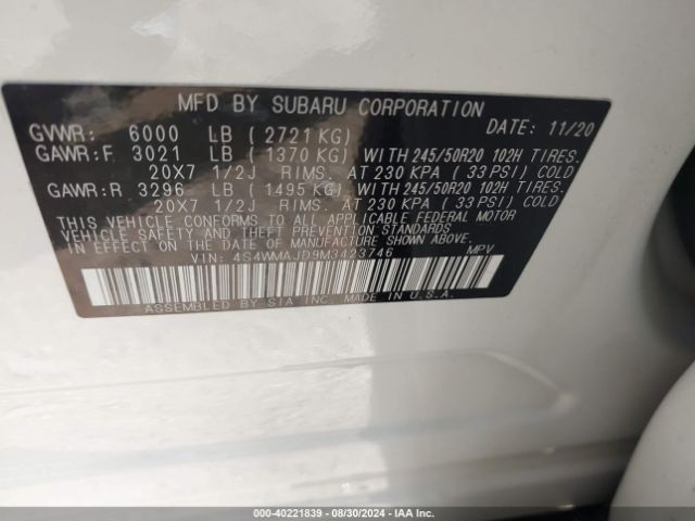 4S4WMAJD9M3423746 Subaru Ascent Limited