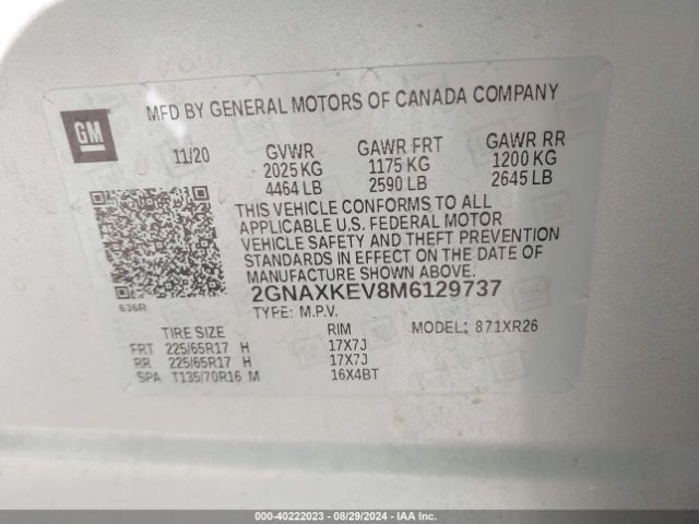 2GNAXKEV8M6129737 Chevrolet Equinox Fwd Lt