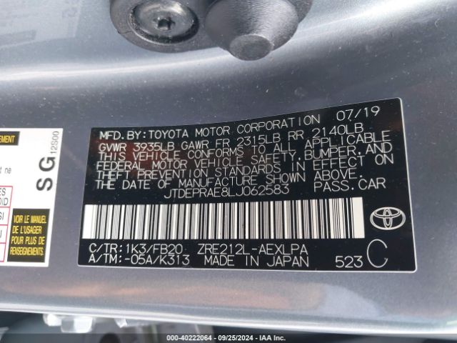 JTDEPRAE8LJ062583 Toyota COROLLA LE