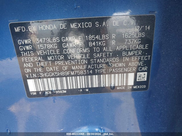 Honda Fit Ex/ex-l 2015 3HGGK5H89FM758314 Image 9