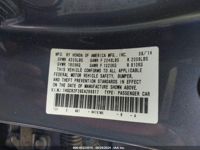 Honda ACCORD LX 2014 1HGCR2F36EA299917 Image 9